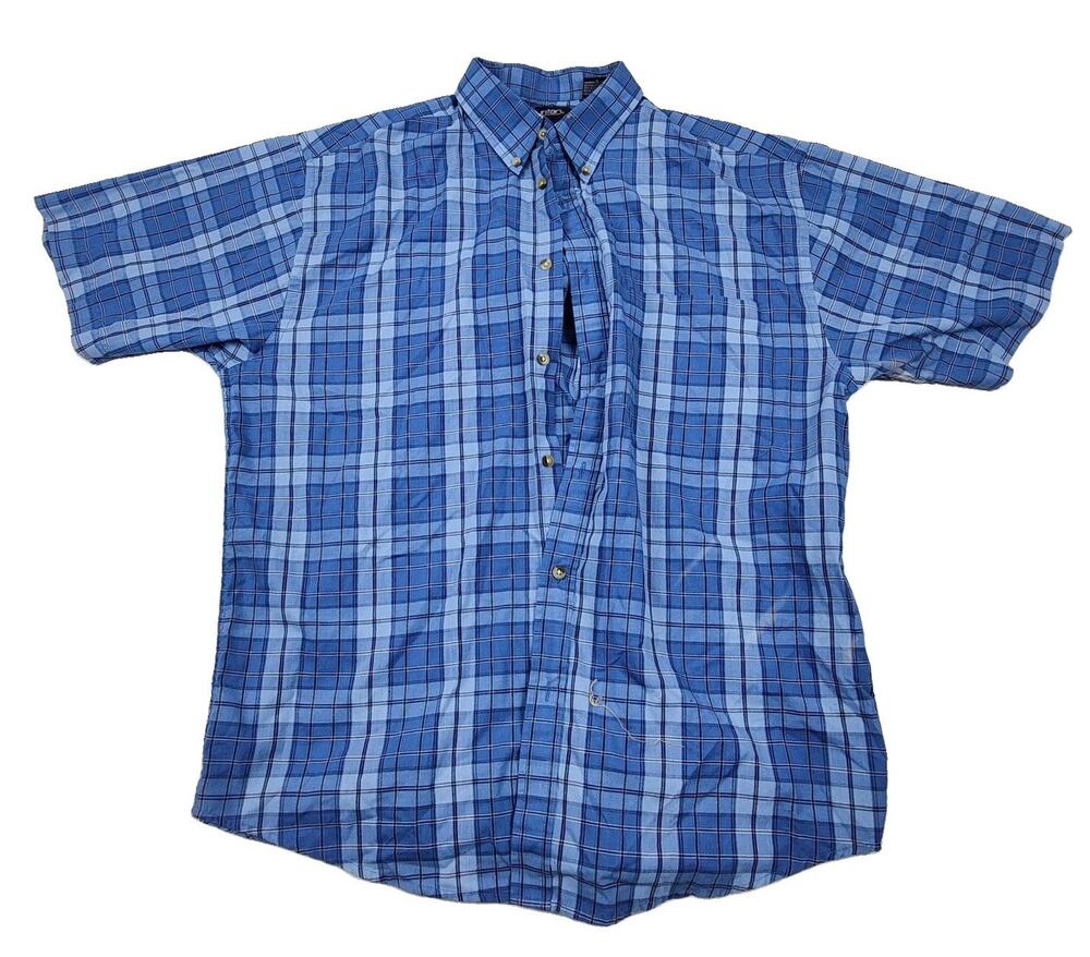 Puritan Shirt Mens Large Blue Plaid Short Sleeve Button Up Polyester Cotton